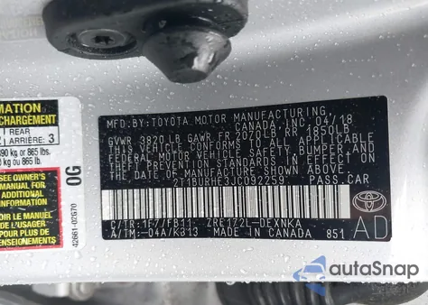 2018 Toyota Corolla z USA, uszkodzony, nr VIN 2T1BURHE3JC092259